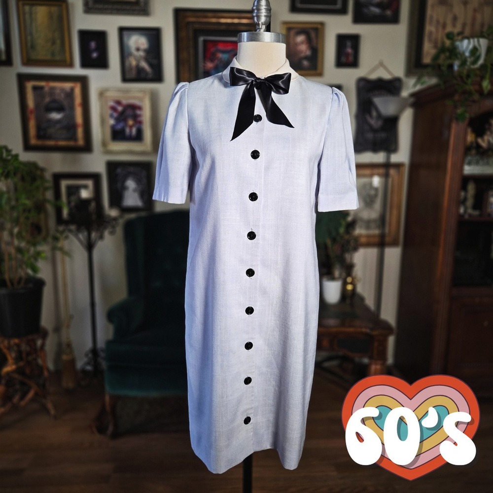 Leslie Fay Mod Dress Vintage 60s Light Blue Peter Pan‎ Collar Black Bow Shift 8